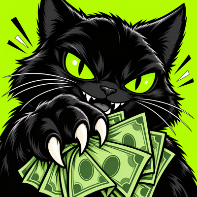 Cash Claws, a mischievous black cat clutching a stack of green banknotes